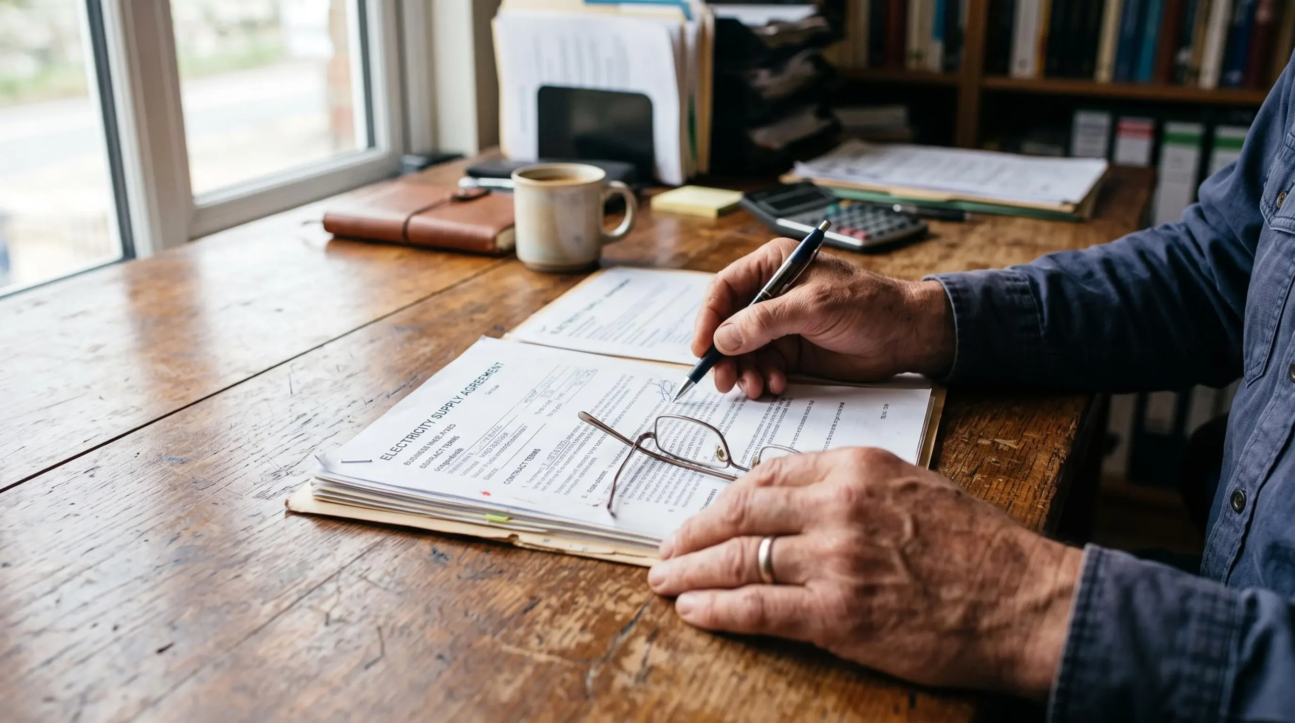 Un dirigeant relit un contrat d'électricité ouvert sur son bureau avec un stylo en main.