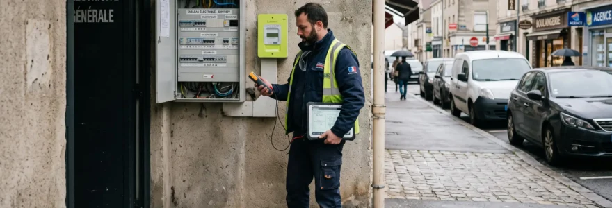 Un électricien vérifie un tableau électrique à l'entrée d'un local commercial en France.