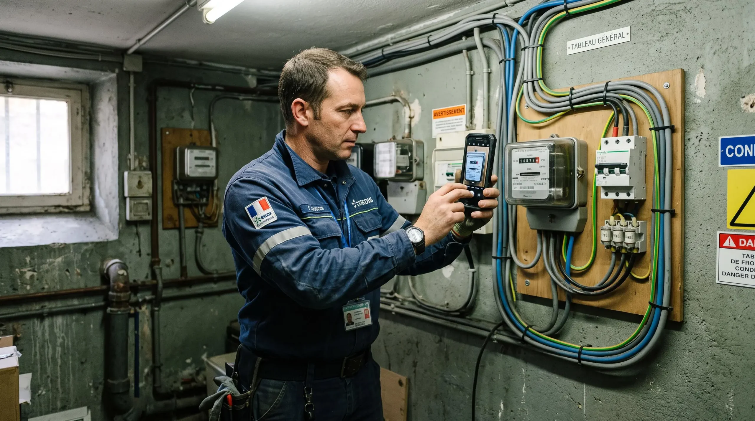 Un technicien photographie un compteur d'électricité dans un local technique.